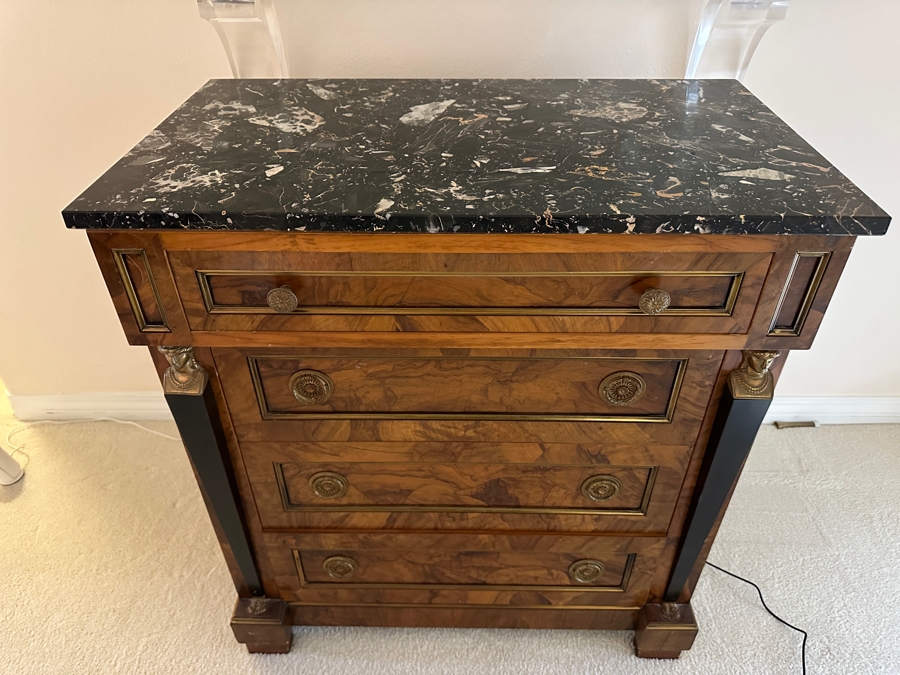 Stunning Italian Egyptian Revival Bronze Mounted Marble Top Walnut Commode 4-Drawer Dresser 28'W X 16'D X 30.5'H [Photo 2]
