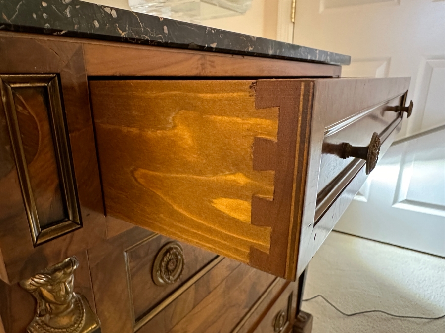 Stunning Italian Egyptian Revival Bronze Mounted Marble Top Walnut Commode 4-Drawer Dresser 28'W X 16'D X 30.5'H [Photo 6]