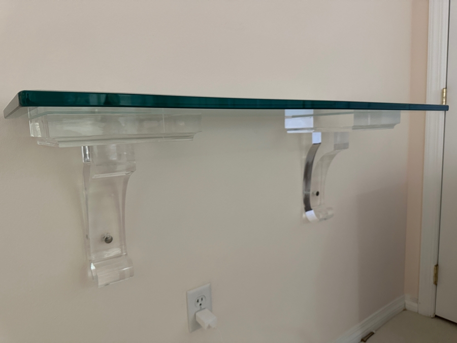 Beveled Glass Wall Shelf With Lucite Supports 40'W X 14.25'D X 15'H [Photo 5]