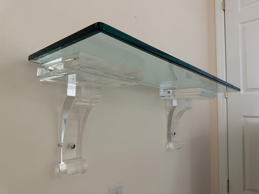 Beveled Glass Wall Shelf With Lucite Supports 40'W X 14.25'D X 15'H