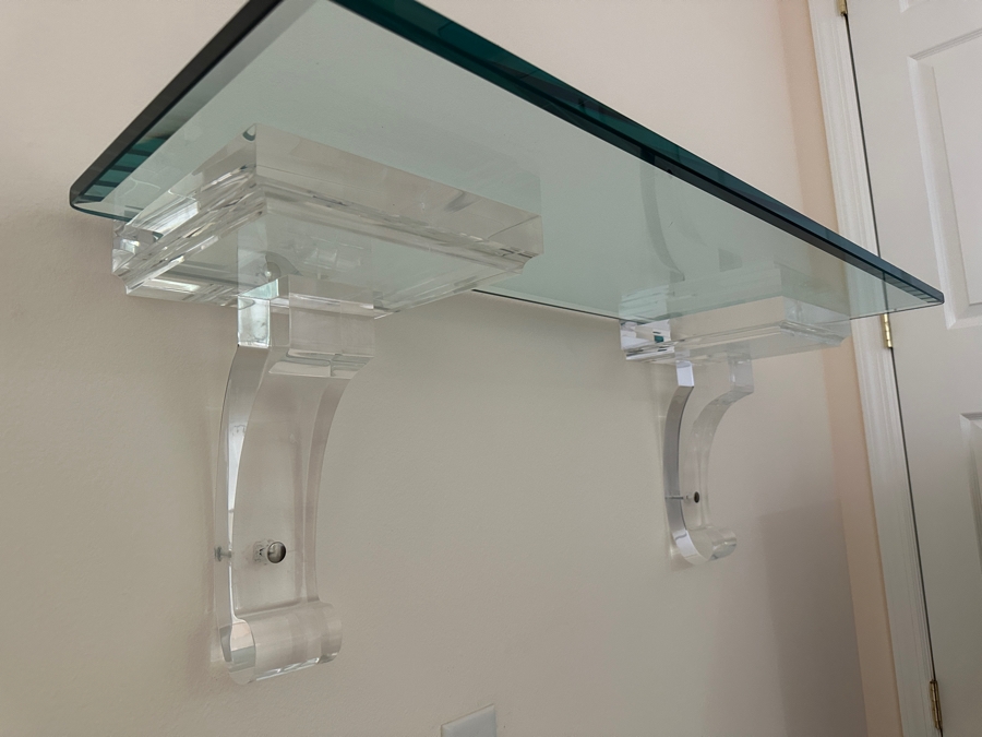 Beveled Glass Wall Shelf With Lucite Supports 40'W X 14.25'D X 15'H [Photo 2]