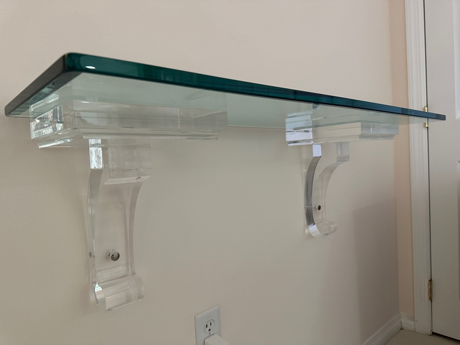 Beveled Glass Wall Shelf With Lucite Supports 40'W X 14.25'D X 15'H [Photo 4]