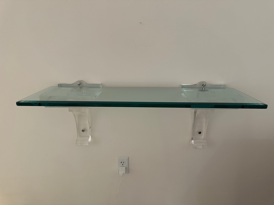 Beveled Glass Wall Shelf With Lucite Supports 40'W X 14.25'D X 15'H [Photo 3]