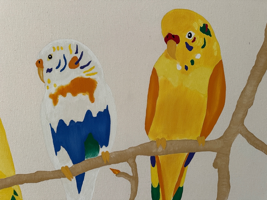 Just Added - Original Parakeets Painting On Canvas Attributed To Jerry Voorhees 60.5'W X 40.5'H [Photo 6]