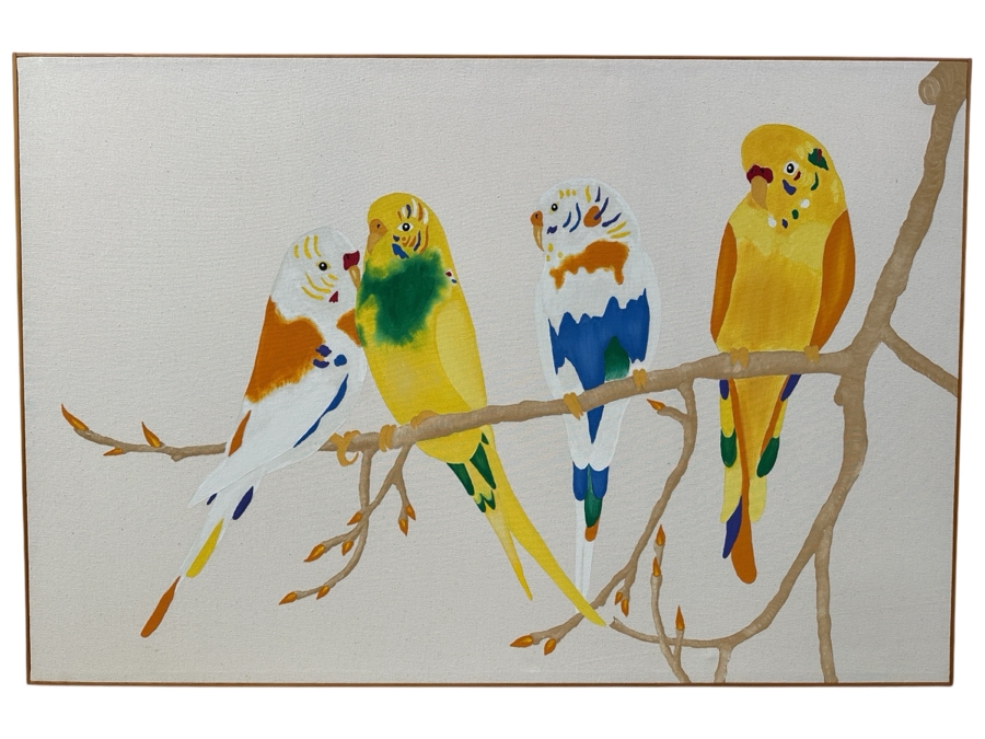 Just Added - Original Parakeets Painting On Canvas Attributed To Jerry Voorhees 60.5'W X 40.5'H