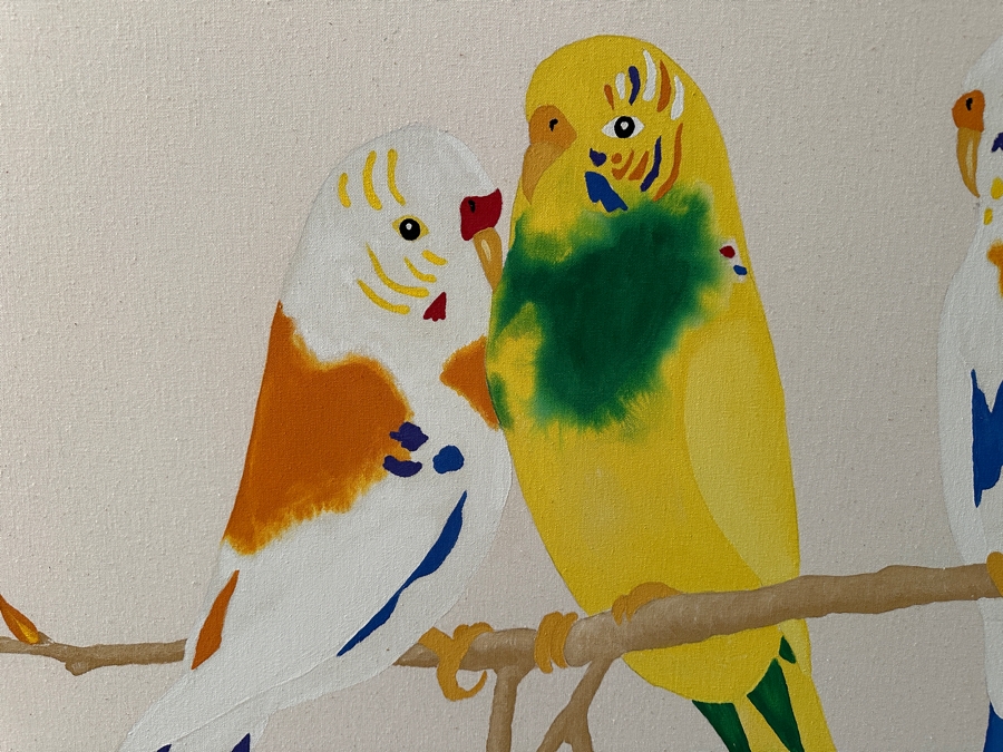 Just Added - Original Parakeets Painting On Canvas Attributed To Jerry Voorhees 60.5'W X 40.5'H [Photo 5]