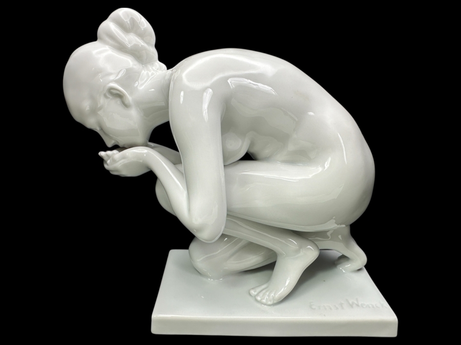 Vintage Rosenthal Porcelain Figurine Titled 'The Drinking Woman' Designed By Ernst Wenck 5.5'W X 3'D X 6.5'H