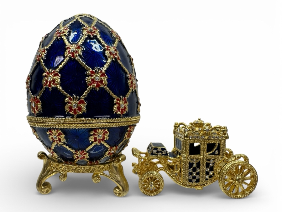 Just Added - Faberge Style Imperial Coronation Egg Trinket Box With Carriage 4'H