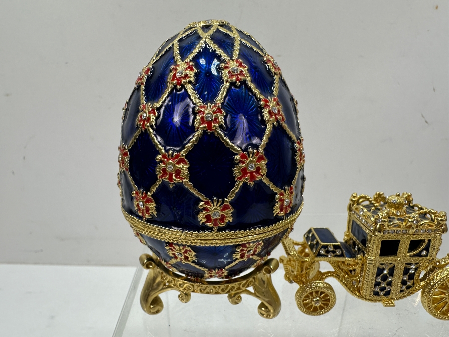 Just Added - Faberge Style Imperial Coronation Egg Trinket Box With Carriage 4'H [Photo 4]