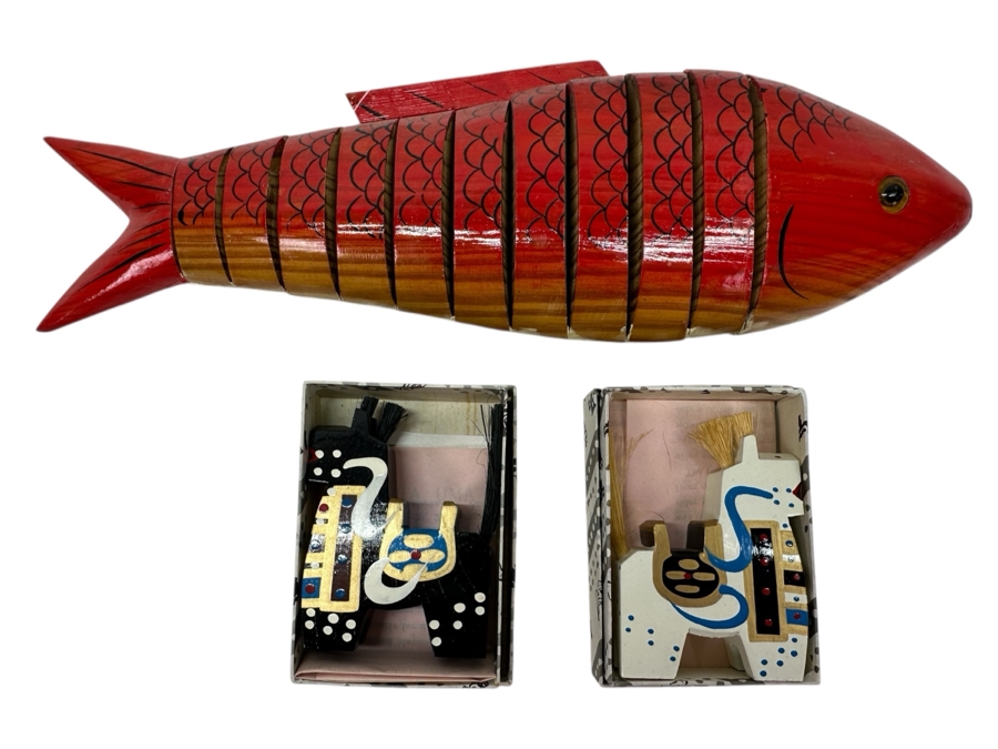Just Added - Pair Of Japanese Yawata Uma Wooden Toy Horses And Carved Wooden Reticulated Fish Sculpture 13'L
