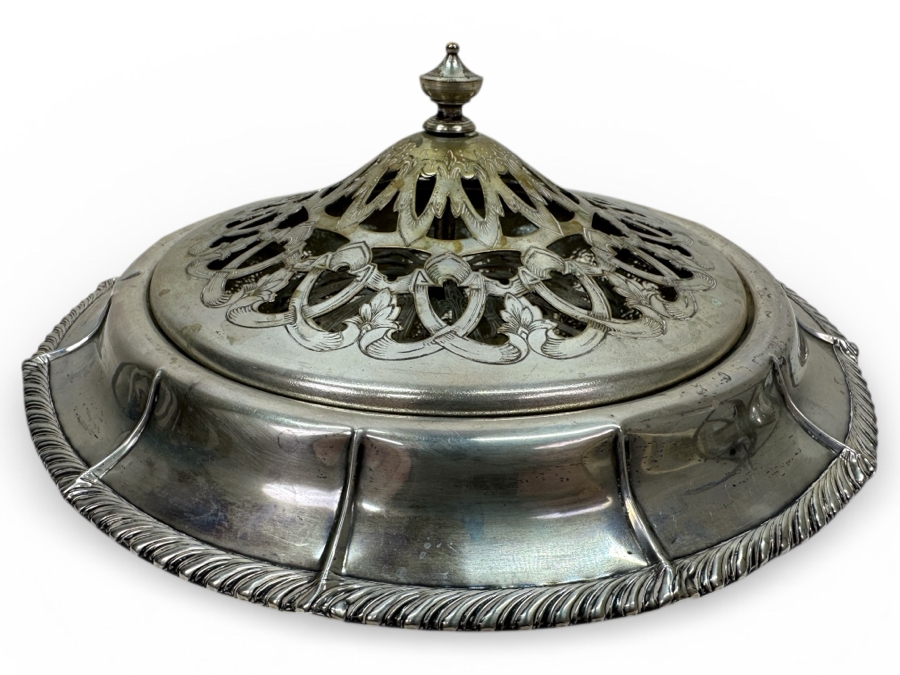 Just Added - Footed Weighted Sterling Silver Bowl With Silverplate Pierced Lid 9.5'W (Sterling Weighted Bowl Weighs 415g)