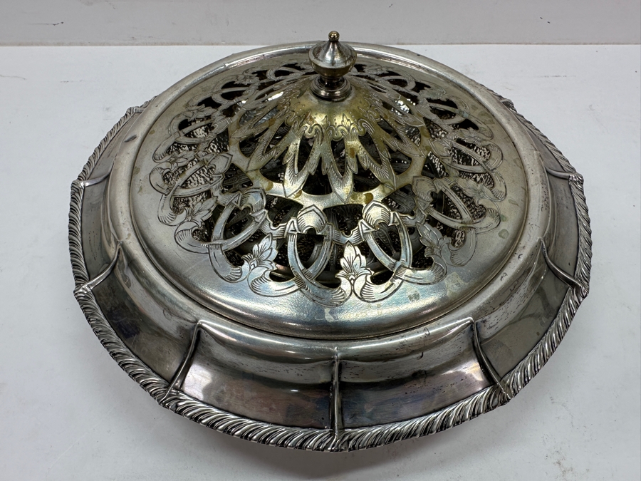 Just Added - Footed Weighted Sterling Silver Bowl With Silverplate Pierced Lid 9.5'W (Sterling Weighted Bowl Weighs 415g) [Photo 4]