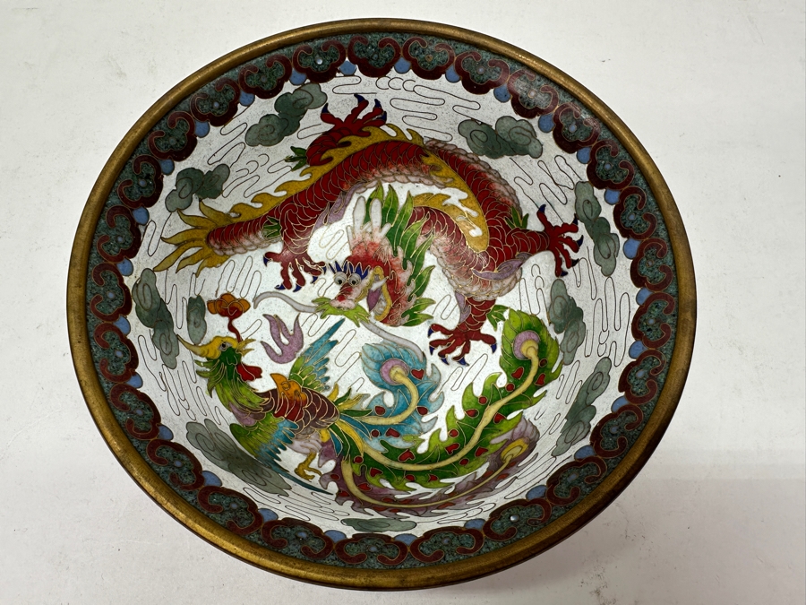 Just Added - Vintage Chinese Cloisonne Dragon Bowl Signed 6'W [Photo 4]