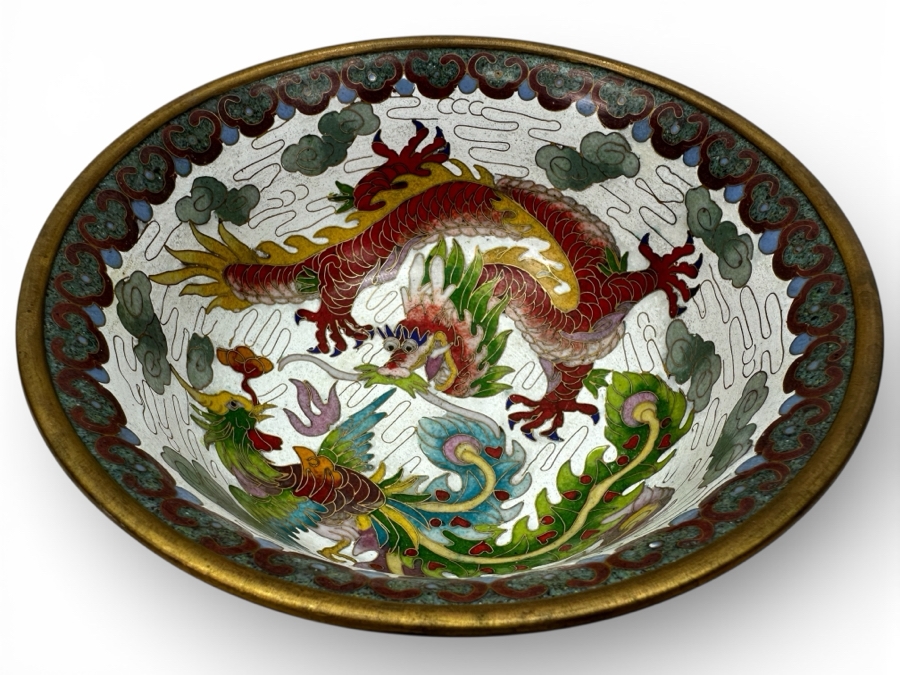 Just Added - Vintage Chinese Cloisonne Dragon Bowl Signed 6'W