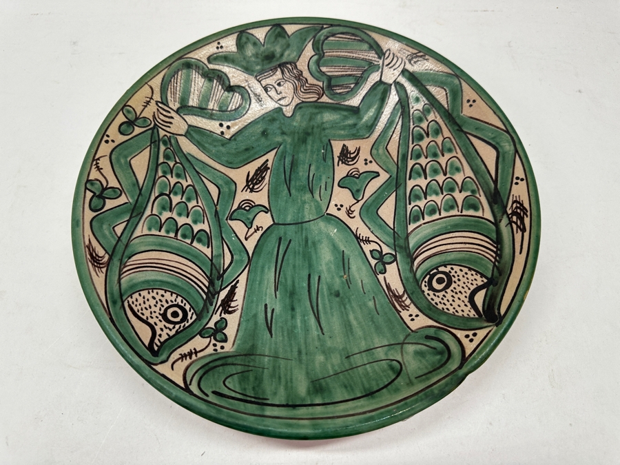 Just Added - Hand-Painted Ceramic Bowl Featuring Figure and Fish - Gorriz Teruel Spain 10.25'W [Photo 2]