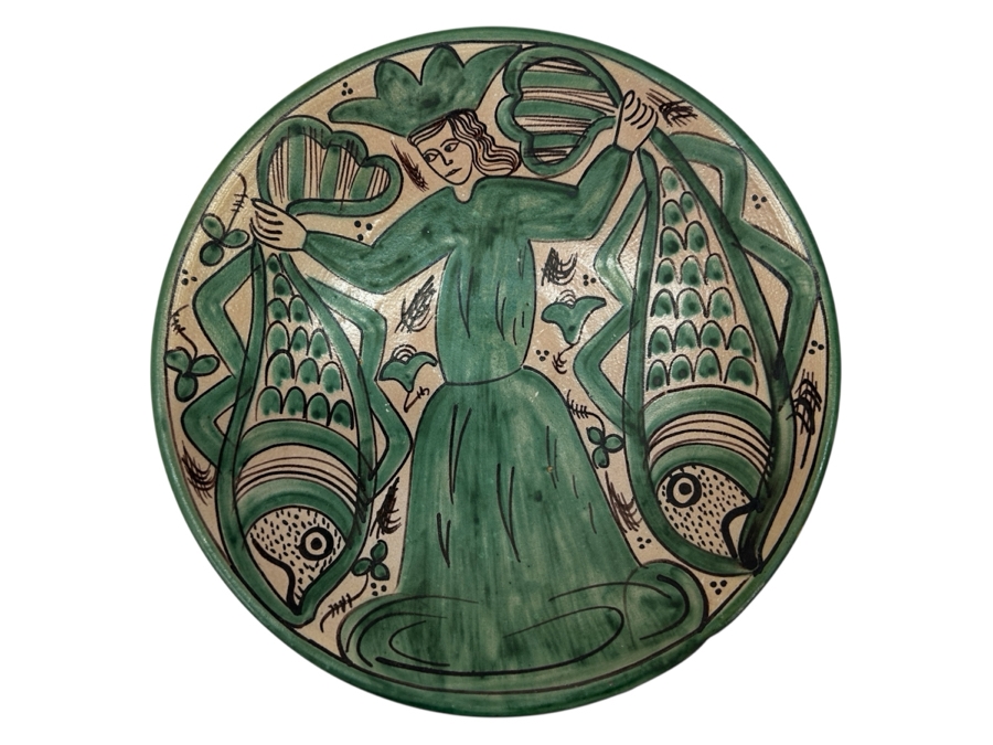 Just Added - Hand-Painted Ceramic Bowl Featuring Figure and Fish - Gorriz Teruel Spain 10.25'W