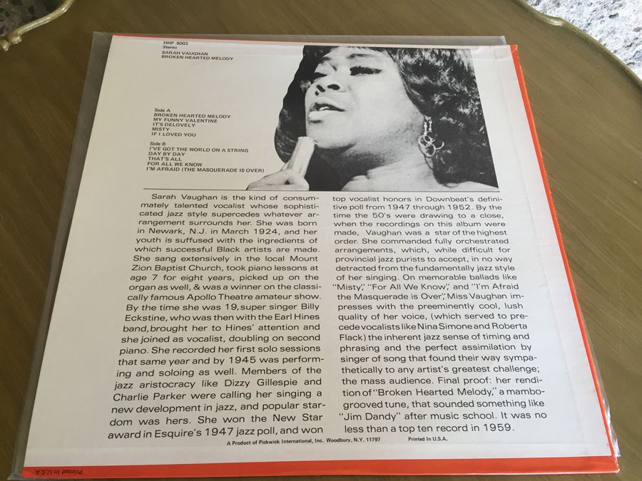 Sarah Vaughan ‎- Broken Hearted Melody - Harlem Hitparade ‎- HHP-8003 [Photo 2]