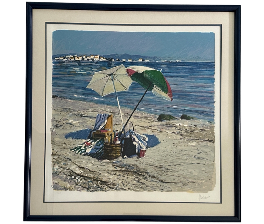 Just Added - Aldo Luongo Original Serigraph Titled 'Morning Umbrellas' Hand Signed And Numbered 20 Of 275 Purchased From Lawrence Ross Galleries in Newport Beach, CA 1982 38' X 39' [Photo 2]