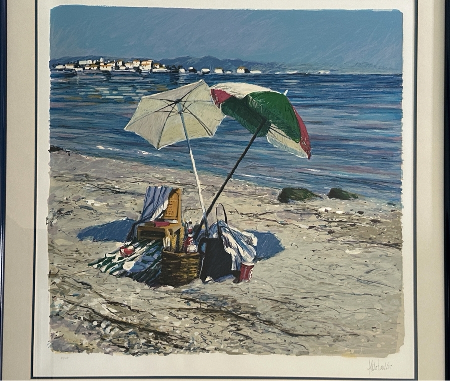 Just Added - Aldo Luongo Original Serigraph Titled 'Morning Umbrellas' Hand Signed And Numbered 20 Of 275 Purchased From Lawrence Ross Galleries in Newport Beach, CA 1982 38' X 39'