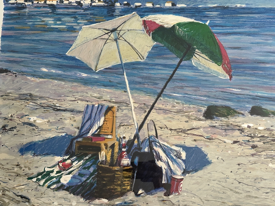 Just Added - Aldo Luongo Original Serigraph Titled 'Morning Umbrellas' Hand Signed And Numbered 20 Of 275 Purchased From Lawrence Ross Galleries in Newport Beach, CA 1982 38' X 39' [Photo 5]