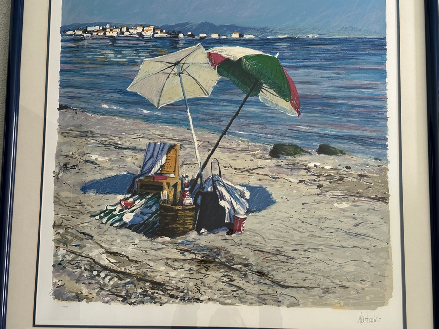 Just Added - Aldo Luongo Original Serigraph Titled 'Morning Umbrellas' Hand Signed And Numbered 20 Of 275 Purchased From Lawrence Ross Galleries in Newport Beach, CA 1982 38' X 39' [Photo 6]