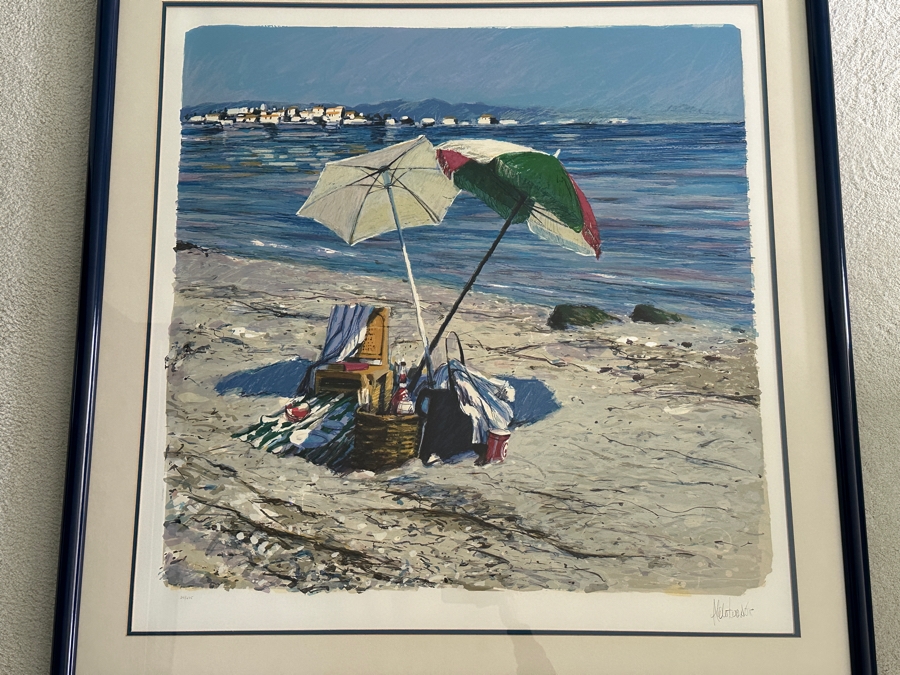 Just Added - Aldo Luongo Original Serigraph Titled 'Morning Umbrellas' Hand Signed And Numbered 20 Of 275 Purchased From Lawrence Ross Galleries in Newport Beach, CA 1982 38' X 39' [Photo 3]