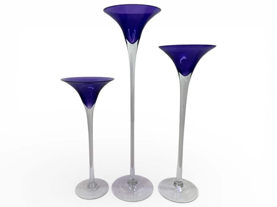 Just Added - (3) Tall Glass Candlesticks Candle Holders - Tallest Is 24'H