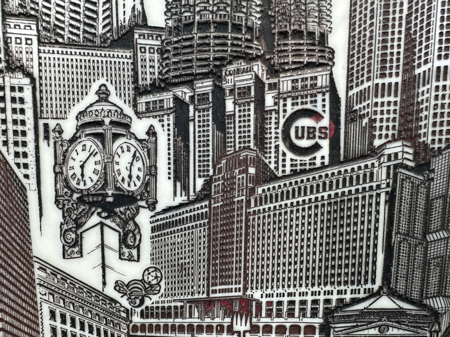 Just Added - Vintage 1985 Limited Edition World Art Marble Etching Titled 'Chicago: The Windy City' By Carol Blaess Numbered 811 Of 1,000 21' X 16' Framed 27' X 22.5' [Photo 8]