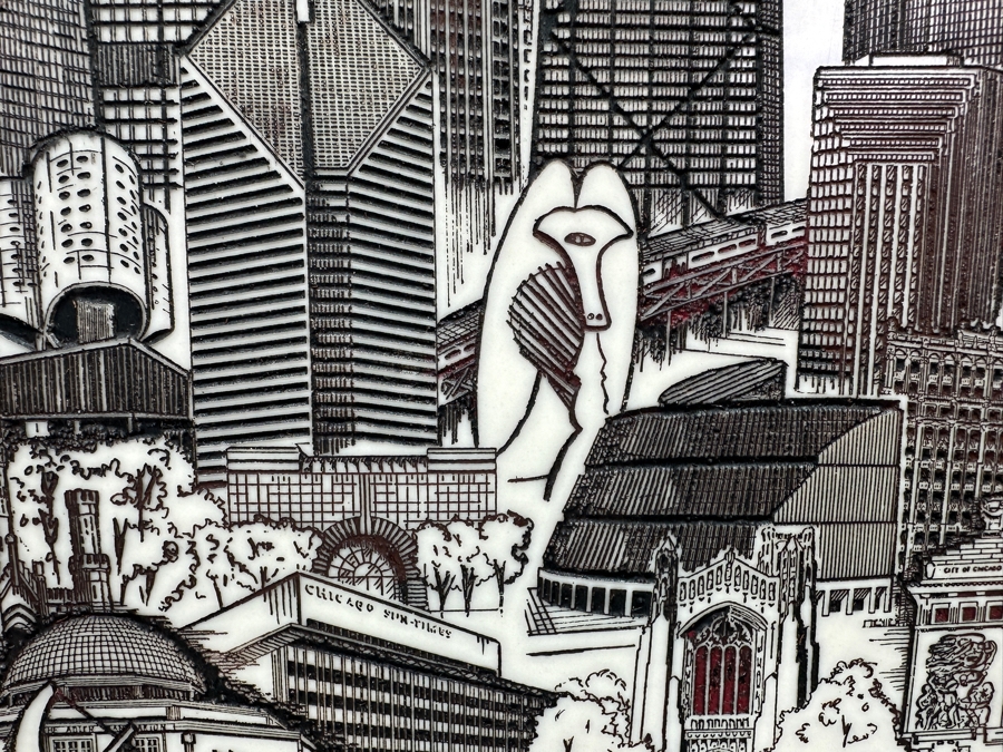 Just Added - Vintage 1985 Limited Edition World Art Marble Etching Titled 'Chicago: The Windy City' By Carol Blaess Numbered 811 Of 1,000 21' X 16' Framed 27' X 22.5' [Photo 7]