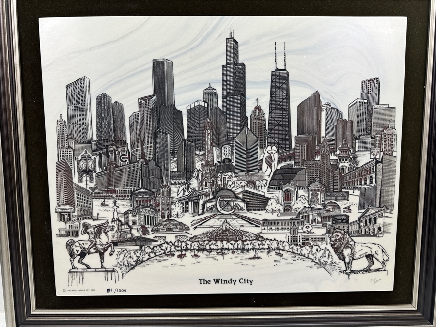 Just Added - Vintage 1985 Limited Edition World Art Marble Etching Titled 'Chicago: The Windy City' By Carol Blaess Numbered 811 Of 1,000 21' X 16' Framed 27' X 22.5' [Photo 3]