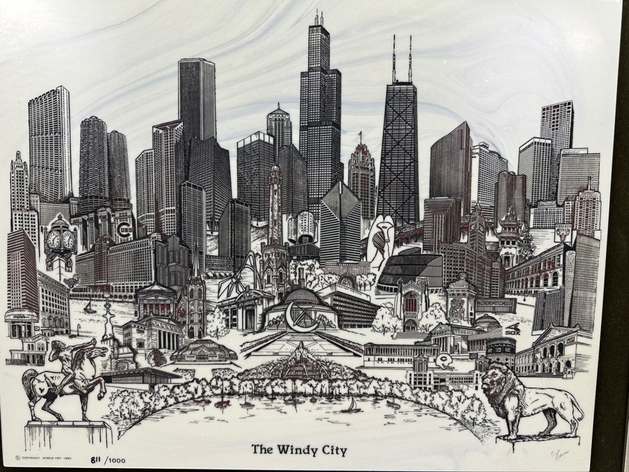 Just Added - Vintage 1985 Limited Edition World Art Marble Etching Titled 'Chicago: The Windy City' By Carol Blaess Numbered 811 Of 1,000 21' X 16' Framed 27' X 22.5'