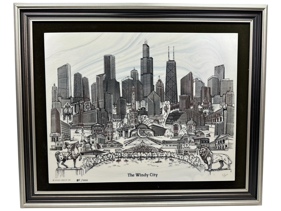 Just Added - Vintage 1985 Limited Edition World Art Marble Etching Titled 'Chicago: The Windy City' By Carol Blaess Numbered 811 Of 1,000 21' X 16' Framed 27' X 22.5' [Photo 2]