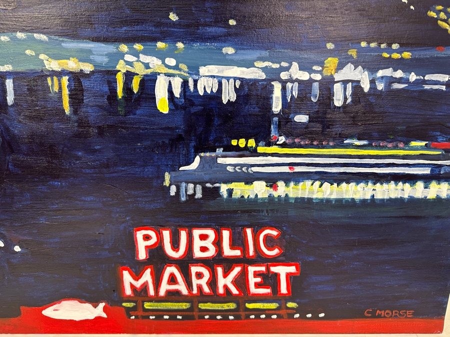 Just Added - Caroline Howe Morse (1934-2025, American) Original 'Interpretive Realism' Oil Painting On Canvas Of The Seattle Skyline Signed Lower Right - Her Artwork Is Featured At The La Jolla Community Center / La Jolla Art Association 36 X 24 [Photo 3]