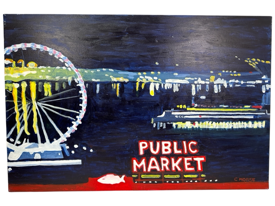 Just Added - Caroline Howe Morse (1934-2025, American) Original 'Interpretive Realism' Oil Painting On Canvas Of The Seattle Skyline Signed Lower Right - Her Artwork Is Featured At The La Jolla Community Center / La Jolla Art Association 36 X 24