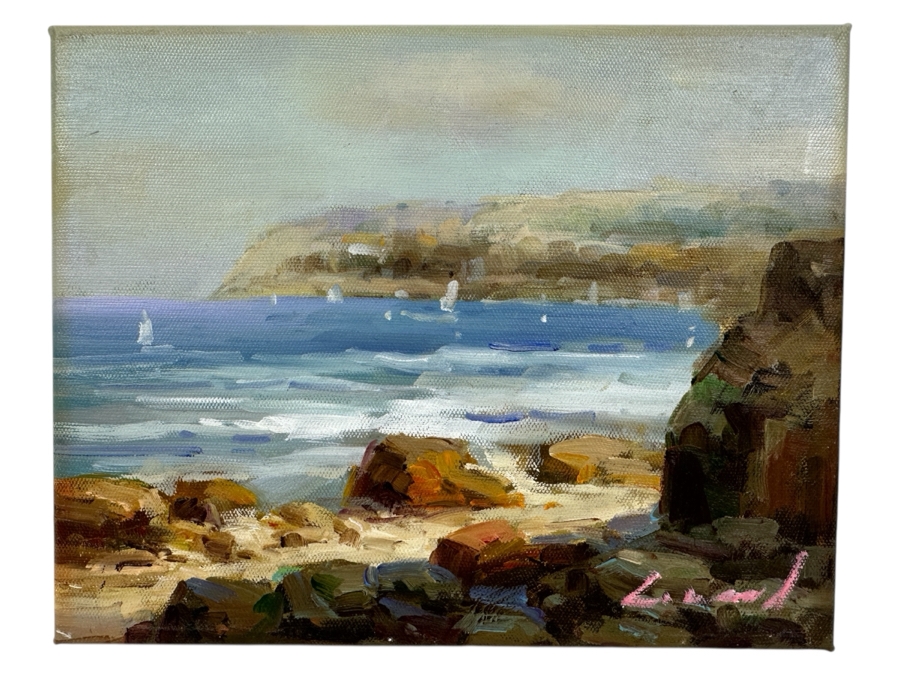 Just Added - Original Oil On Canvas Coastal Beach Scene Painting Signature Illegible 10' X 8'