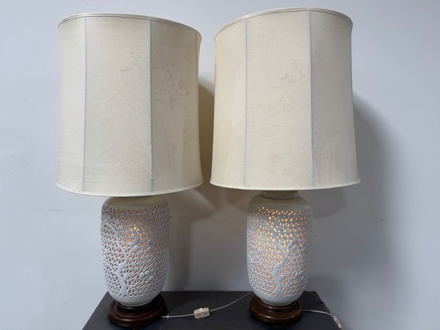 Just Added - Stunning Pair Of Vintage Mid-Century Blanc De Chine Chinese Cherry Blossom Reticulated Porcelain Table Lamps 40'H [Photo 4]
