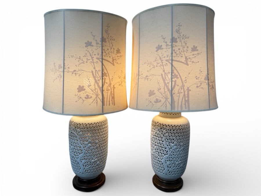 Just Added - Stunning Pair Of Vintage Mid-Century Blanc De Chine Chinese Cherry Blossom Reticulated Porcelain Table Lamps 40'H