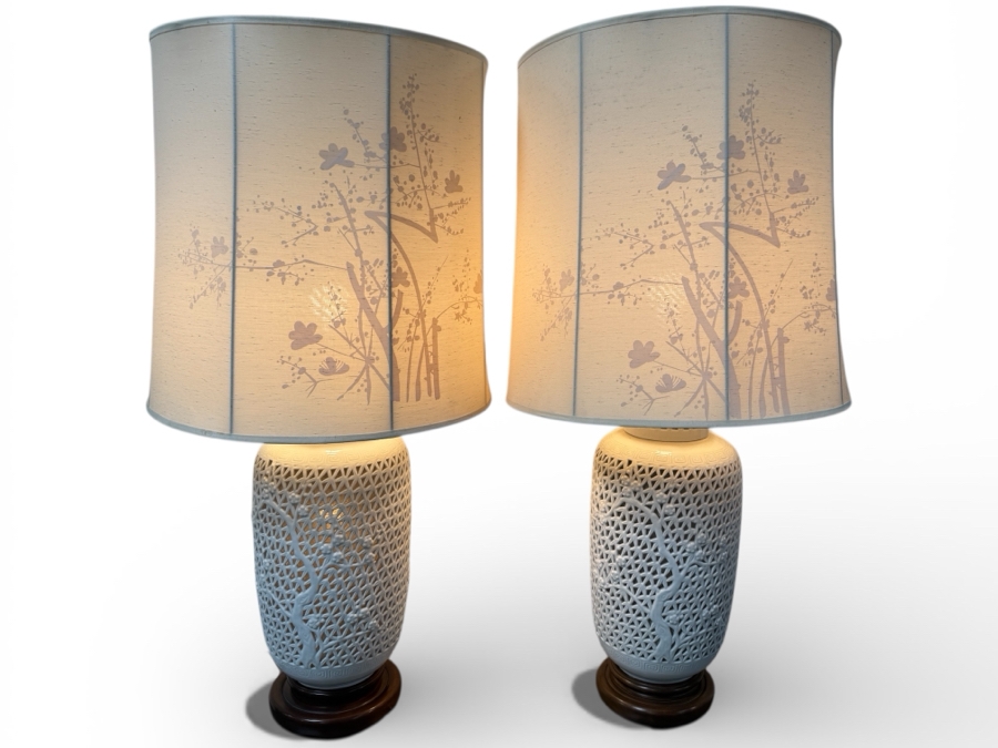 Just Added - Stunning Pair Of Vintage Mid-Century Blanc De Chine Chinese Cherry Blossom Reticulated Porcelain Table Lamps 40'H [Photo 2]