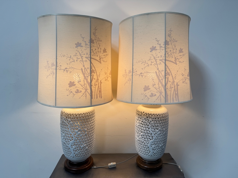 Just Added - Stunning Pair Of Vintage Mid-Century Blanc De Chine Chinese Cherry Blossom Reticulated Porcelain Table Lamps 40'H [Photo 3]