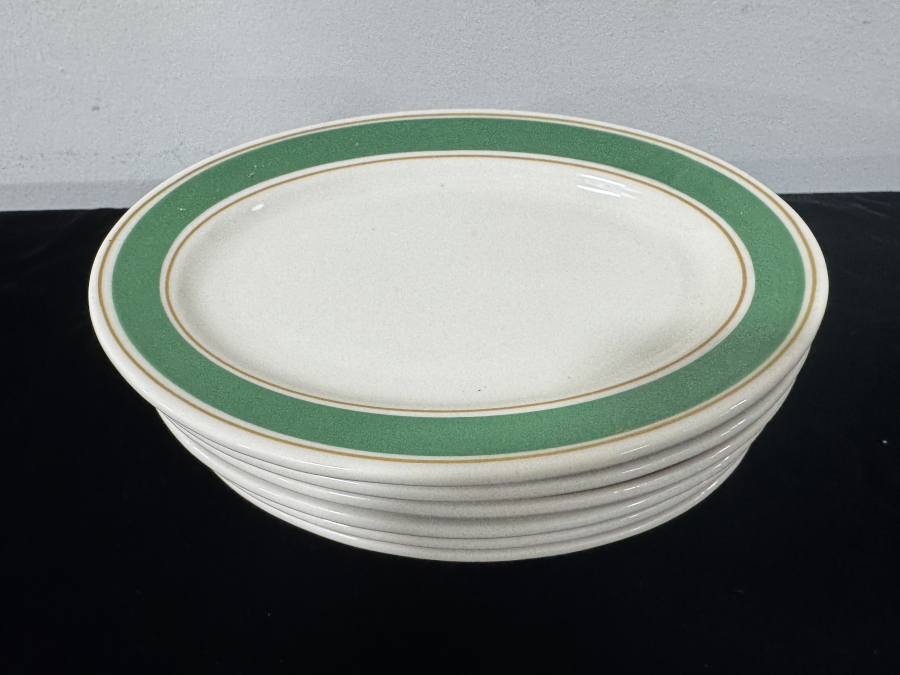 Just Added - Set of (6) Buffalo China Oval Plates with Green Band and Gold Rim, Made in USA 8'W [Photo 2]