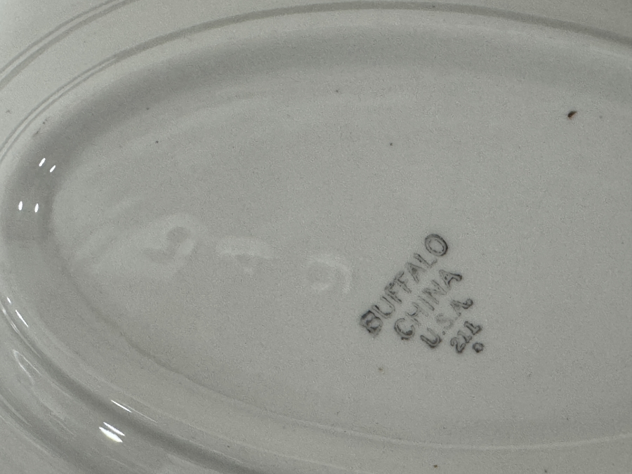 Just Added - Set of (6) Buffalo China Oval Plates with Green Band and Gold Rim, Made in USA 8'W [Photo 4]