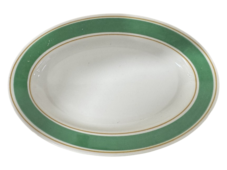 Just Added - Set of (6) Buffalo China Oval Plates with Green Band and Gold Rim, Made in USA 8'W