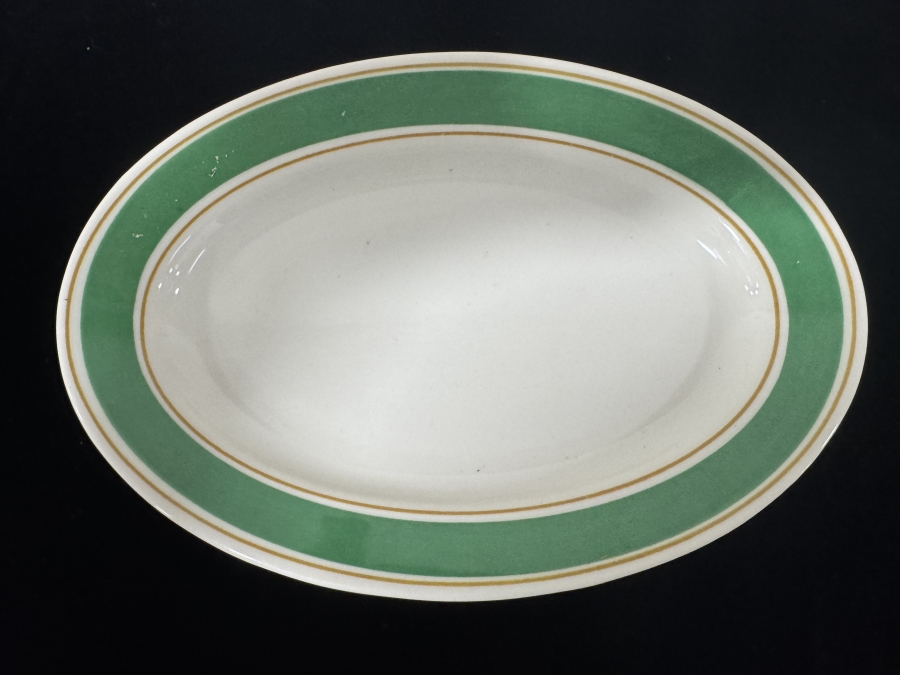 Just Added - Set of (6) Buffalo China Oval Plates with Green Band and Gold Rim, Made in USA 8'W [Photo 3]