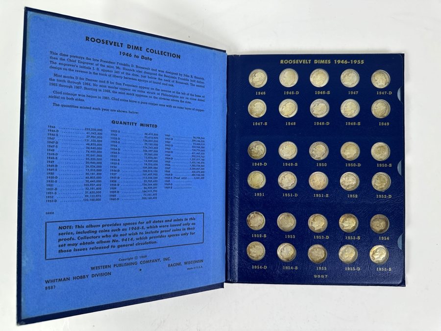 Complete Roosevelt Silver Dime Collection From 1946 To 1974 (1946-1964 Are Silver Dimes) - 65 Total Dimes On 3 Pages - See Photos For Details [Photo 2]