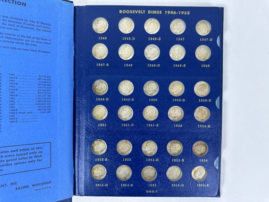 Complete Roosevelt Silver Dime Collection From 1946 To 1974 (1946-1964 Are Silver Dimes) - 65 Total Dimes On 3 Pages - See Photos For Details [Photo 3]