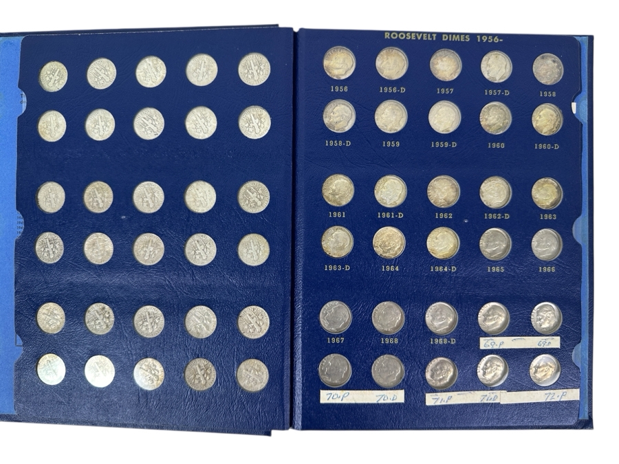 Complete Roosevelt Silver Dime Collection From 1946 To 1974 (1946-1964 Are Silver Dimes) - 65 Total Dimes On 3 Pages - See Photos For Details