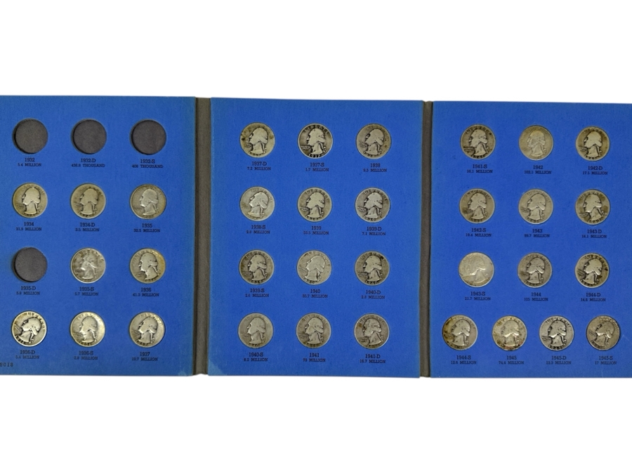 Silver Washington Head Quarter Collection From 1934 To 1945 - Missing 4 Quarters - 33 Quarters Total - See Photos For Details
