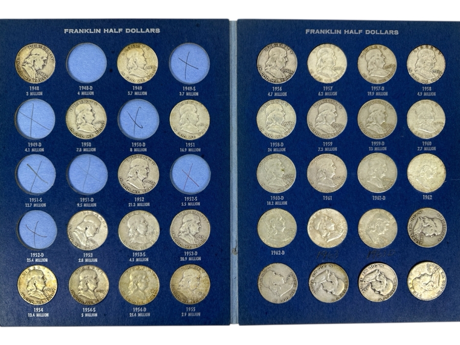 Silver Franklin Half Dollars Collection From 1948 To 1963 With Duplicates - 32 Total Silver Franklin Half Dollars - See Photos