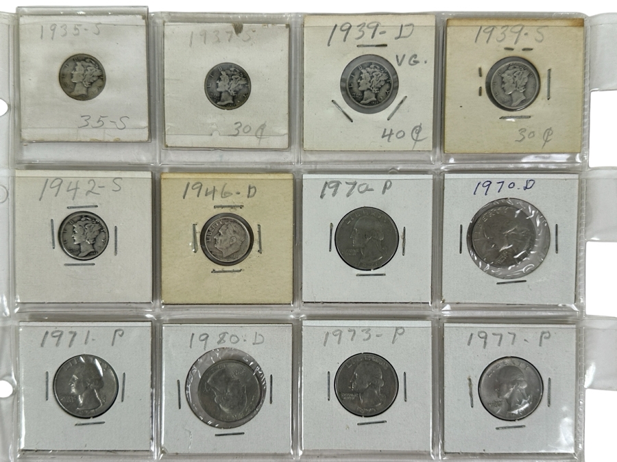Coin Collection Featuring Silver Winged Liberty Head Mercury Dimes, Silver Roosevelt Dime And Quarters - 12 Coin Total - See Photos For Details