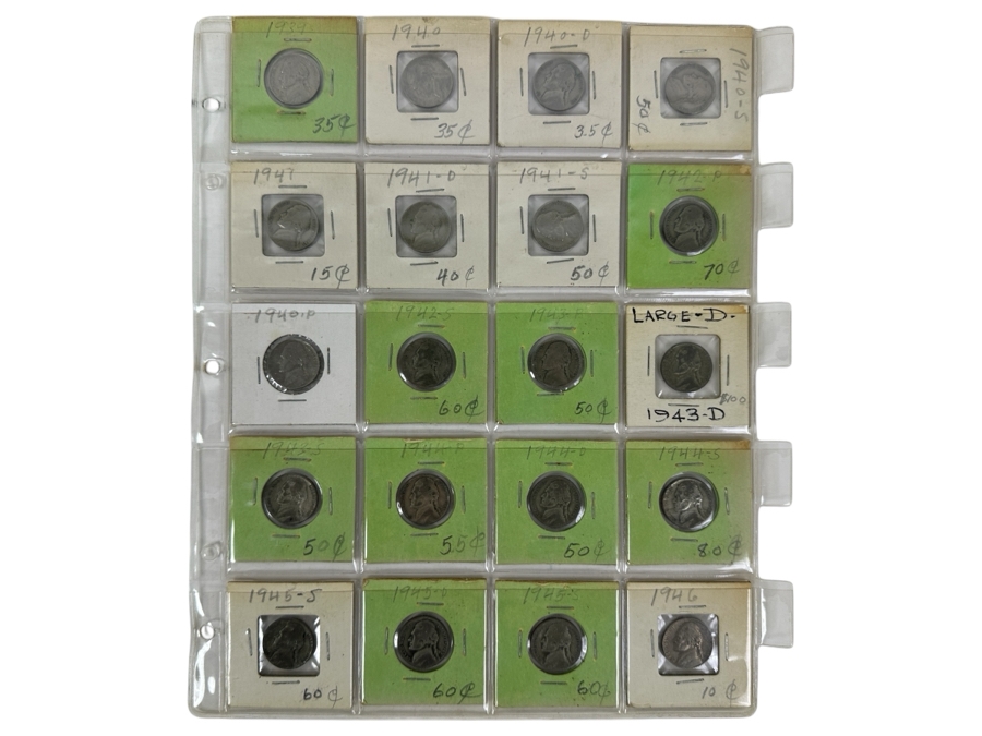 (20) Jefferson Nickel Coins Collection From 1939-1946 Including A 1943-D LARGE D Silver Jefferson Nickel And Other Silver Era Nickels From 1942-1945 - See Photos For Details